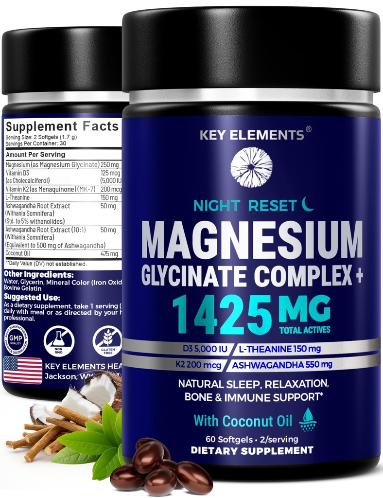 Magnesium Glycinate Complex 1425mg with Vitamin D3 5000 IU & K2 MK-7 200mcg - Magnesium for Sleep, Relax & Bone Health - Chelated Magnesium Supplement with Ashwagandha L Theanine Softgels