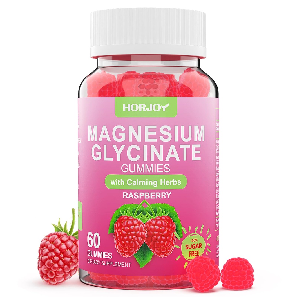 Magnesium Glycinate Gummies 600mg, Sugar Free Magnesium Gummies for Adults with Ashwagandha, Lemon Balm & GABA for Sleep, Mood Support and Relaxation, Vegan, 60 Raspberry
