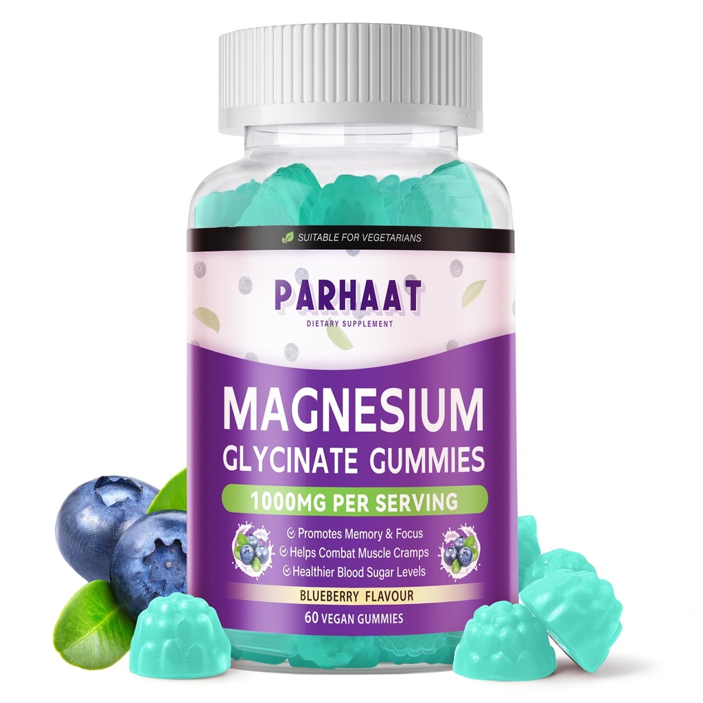 Magnesium Glycinate Gummies - Sugar Free Magnesium Potassium Supplement with Vitamin D, B6, CoQ10 for Calm Mood & Sleep Support - 60 Blueberry Chews