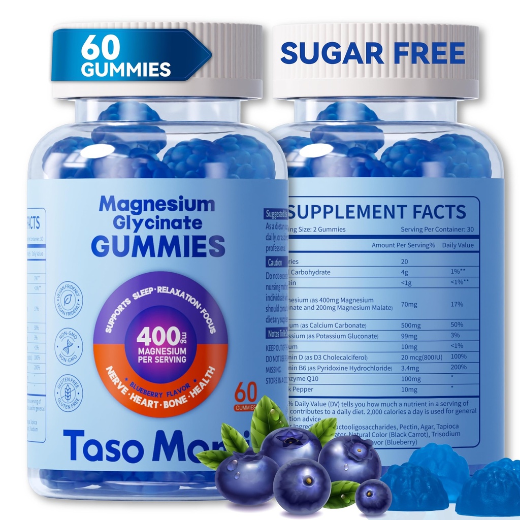 Magnesium Glycinate Gummies 400mg Sugar Free Vegan Chewable for Adults & Kids - High Absorption to Support Sleep, Muscle, Bone, and Cognitive Health with Vitamin D3, B6, C, CoQ10, 60 Blueberry Gummies