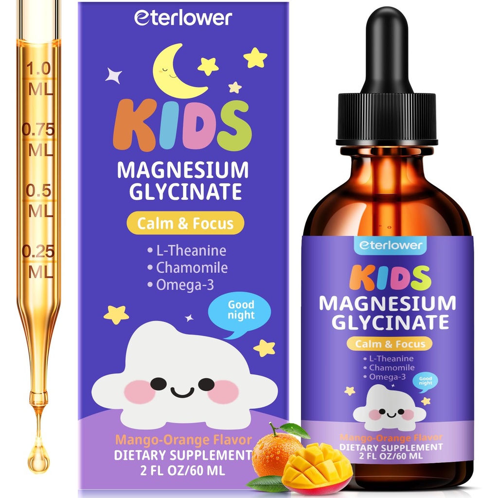 Kids Magnesium Glycinate Liquid Drops, Magnesium for Kids with L-Theanine, Omega-3, Vitamin D3 K2, Zinc for Sleep, Calm, Relaxation, Brain, Bones & Focus, 2 Fl Oz, Orange-Mango Flavor