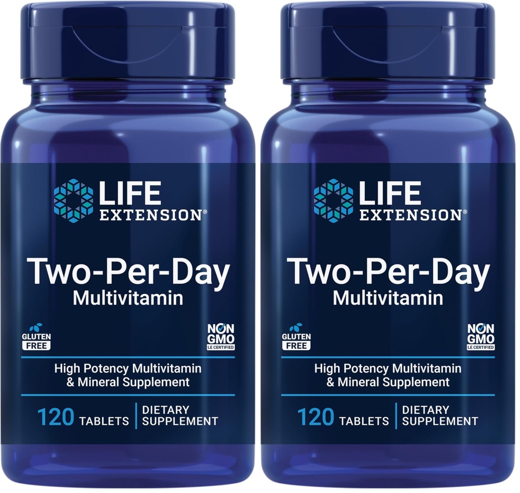 Life Extension Zwei-Per-Day High Potency Multi-Vitamin & Mineral Supplement - Vitamine, Mineralien, Pflanzenextrakte, Quercetin, 5-MTHF Folate & More - Glutenfrei - Non-GMO - 120 Tabletten (Pack von 2)