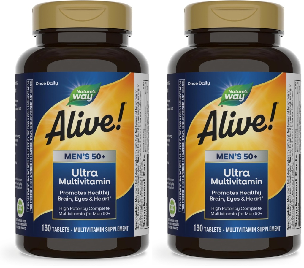 Nature's Way Alive! Men’s 50+ Daily Ultra Multivitamins,High Potency Formula,Supports Healthy Brain,Eyes & Heart*,with Methylated Vitamin B12,Gluten-Free,150 Tablets,(Pack of 2)