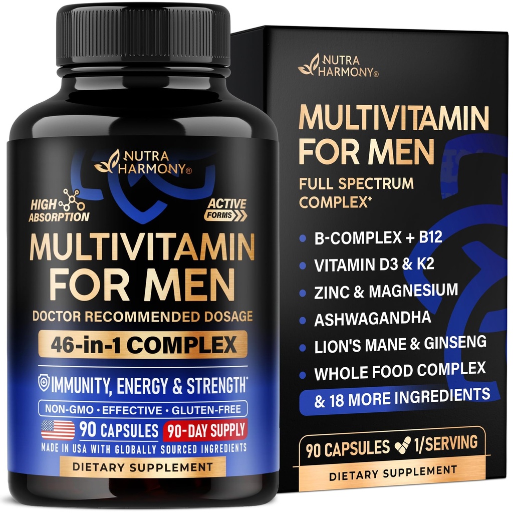 Multivitamin for Men - B-Complex | Whole Foods & Enzymes - Energy, Focus & Brain | Men's Health Complex - 46in1 Mens Multivitamin - Bioavailable & Gentle on Stomach - Made in USA - 90 Capsules, 1/Day