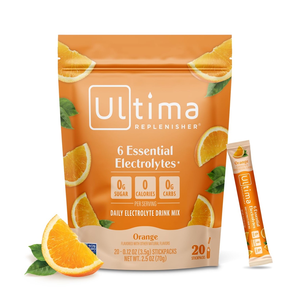Ultima Replenisher Daily Electrolyte Powder Drink Mix – Sugar Free – Arancione, 20 Stickpacks – Idration Packets con 6 elettroliti chiave e minerali Trace – Keto Friendly, Vegan, Non OGM