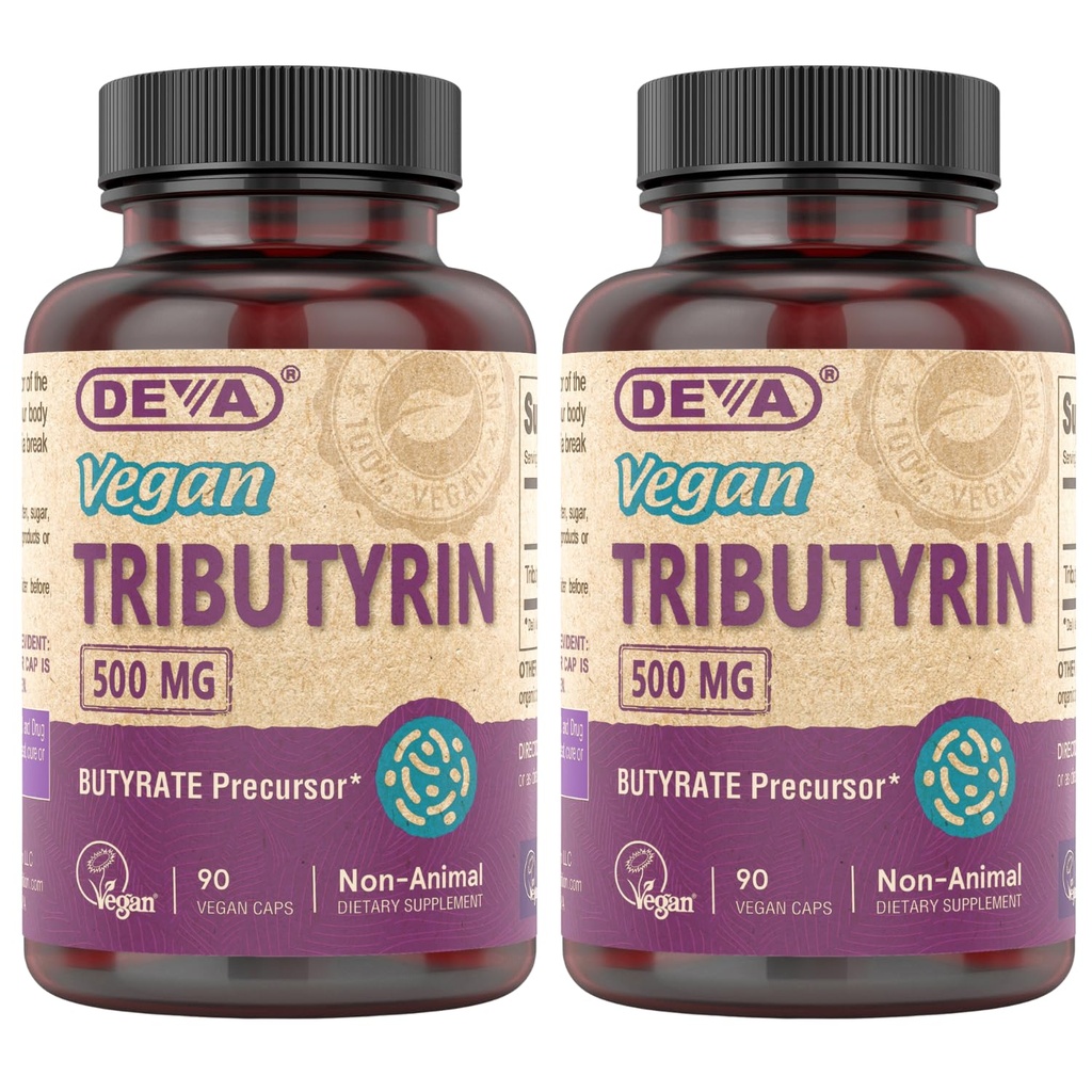 DEVA Vegan Tributyrin Supplemento - Precursore Butyrate, Gut Barrier Support, Acido Butirico, 500 MG Vegan Capsule, Supporto Gut Leaky, Digestione, 90 Conte (Pack of 2)