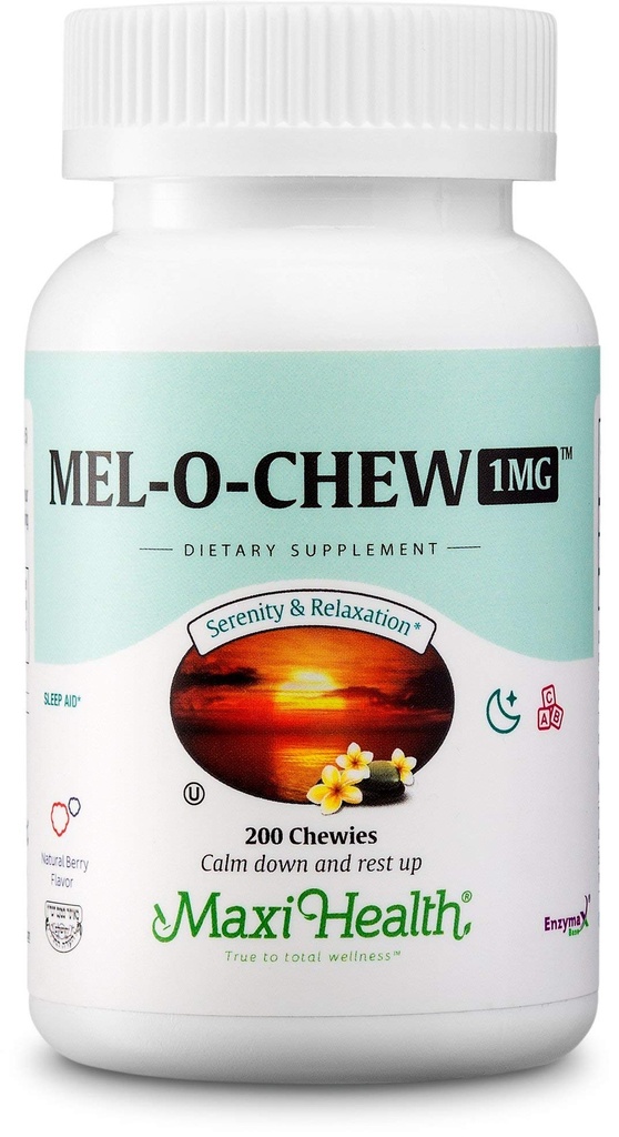 Maxi Health 1mg Melatonine Chewables – Adultes et enfants Melatonine pour encourager le sommeil naturel – Non-Habit formant le supplément de sommeil casher avec Enzymax pour le soutien à action rapide (200 unités)