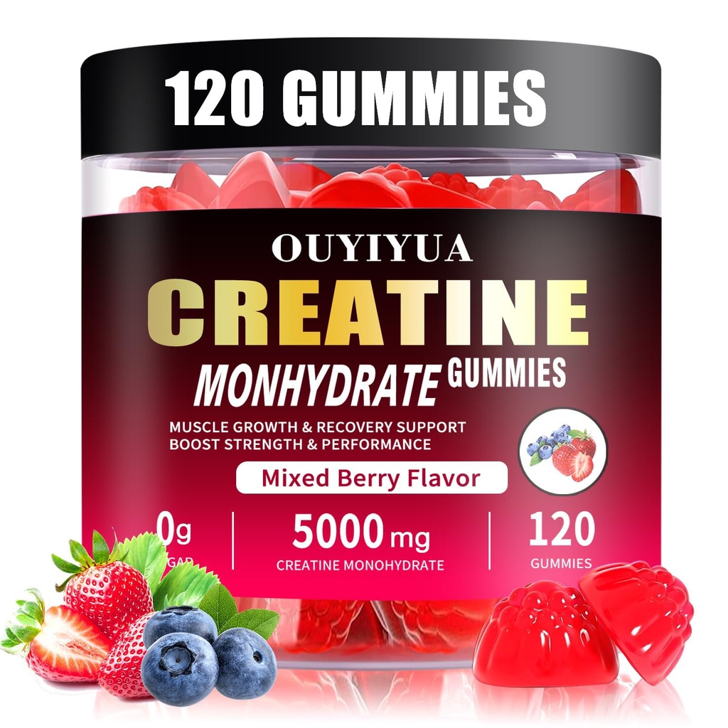 Creatine Monohydrate Gummie 5000mg für Männer & Frauen - Zuckerfreie Vor-Workout-Ergänzung, Kaubare für Muskelkraft, Muskelaufbau, Energie-Boost, Mischbeeren-Flamvor, 120 Zähler