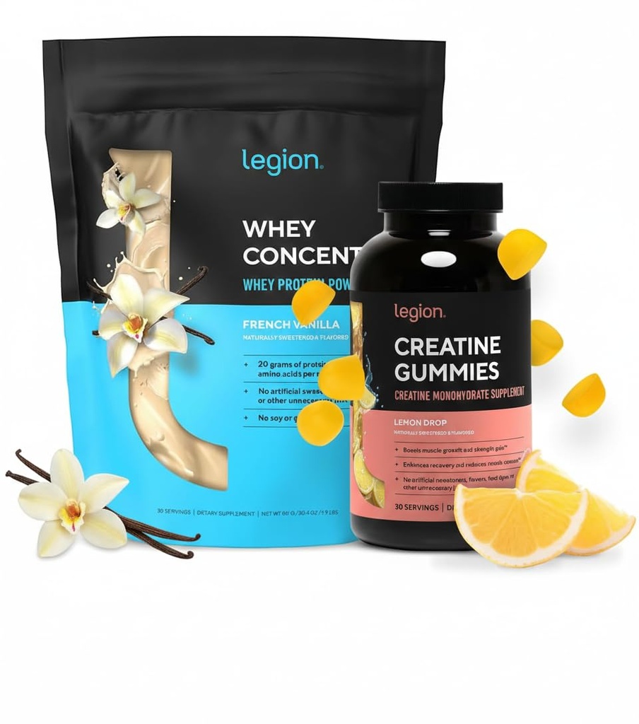 LÉGION Support de performance Stack – Gommies monohydratées créatine (Lémon goutte, 30 portions) + poudre de protéines de lactosérum (Vanilla, 30 portions)