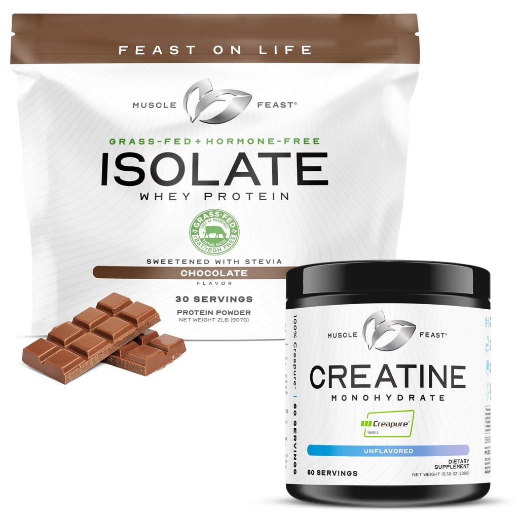Festa del muscolo Isolare + Creatina Bundle: 1 Isolato di proteine del siero (Chocolate, 2lb) + 1 Polvere di creatina (senza aroma, 300g) | Supplementi premium, Vegetariano, Senza glutine