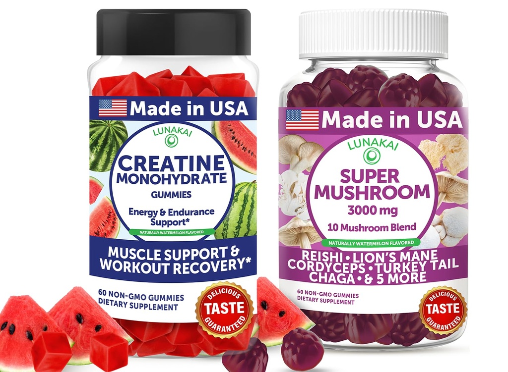 Lunakai USA Made Creatine & Super Mushroom Gummies Bundle – Daily Recovery & 10-Mushroom Complex Support – 60 Non-GMO Gummies Each