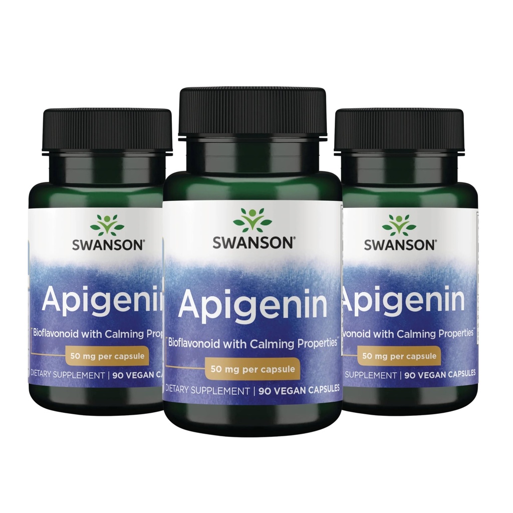 Swanson Apigenin Bioflavonoid, 50 mg, 90 Vegan Capsules, 3 Pack | For Adults Seeking Natural Sleep, Relaxation, and Stress Relief Support, Antioxidant Bioflavonoid Found in Chamomile