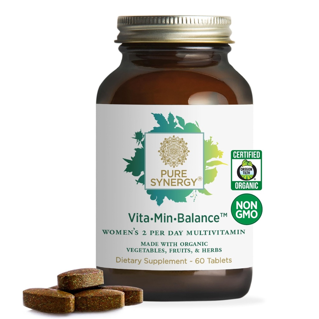 PURE SYNERGY Vita·Min·Balance | Multivitaminico per le donne con ferro | Multivitaminico giornaliero femminile realizzato con alimenti integrali organici | per il supporto bilanciato dell'energia e dello stress (60 compresse)