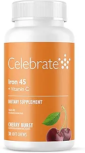 Celebrare le vitamine del ferro supplemento con vitamina C - 45 mg di ferro, 60 mg di vitamina C, vitamine baratiche per i pazienti WLS, manicotto verticale & gastrico Bypass Chirurgia - Uva, 90 compresse masticabili