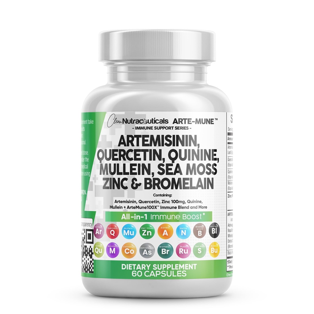Clean Nutraceuticals Artemisinin Quercetin Zinc Mullein Quinine Supplement with Sea Moss Bromelain Ashwagandha Root Nettle Leaf Bladderwrack Burdock Root Monolaurin Colostrum Rutin