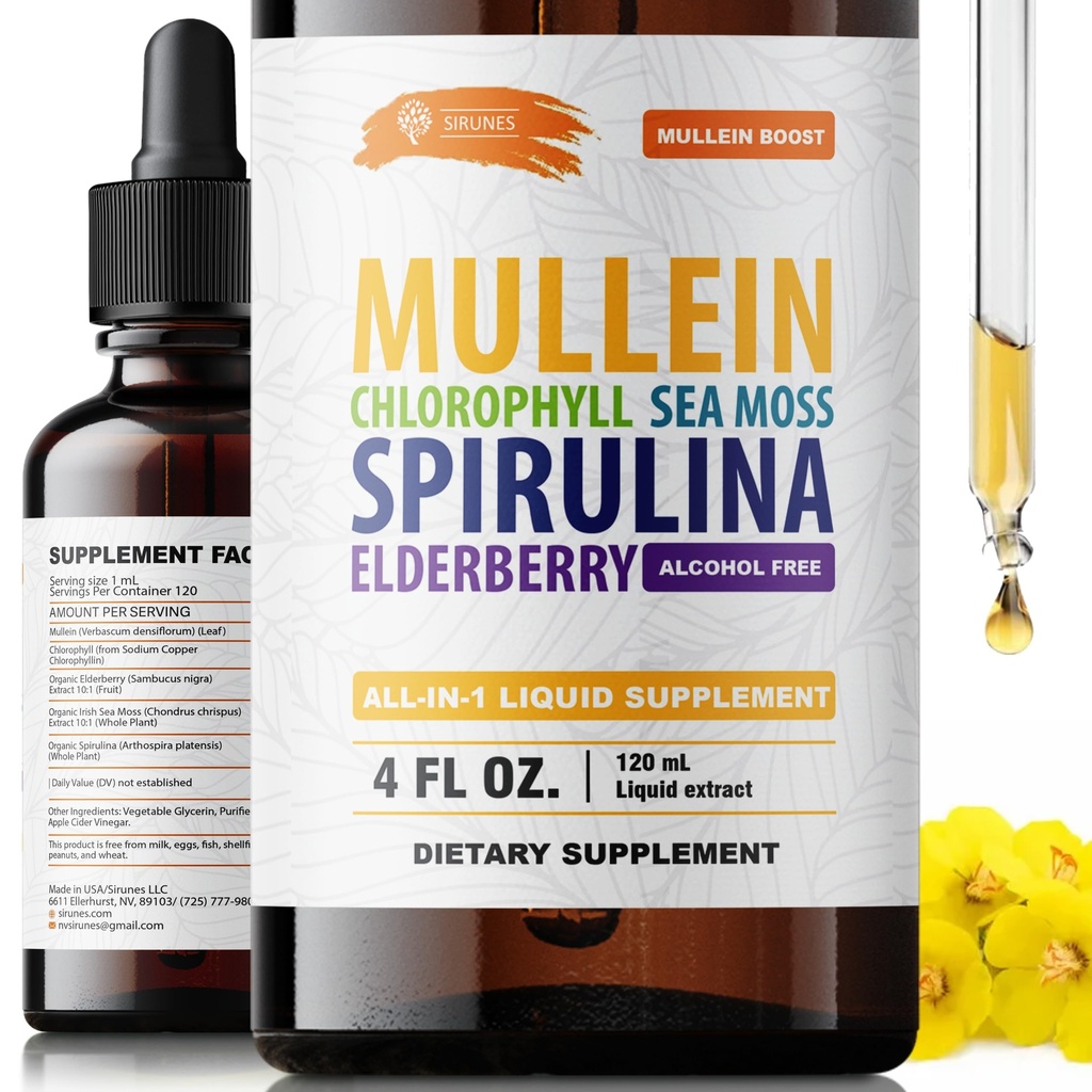 SIRUNES Mullein Herbal Drops with Chlorophyll, Irish Sea Moss, Spirulina & Elderberry – 4 fl oz – Daily Respiratory & Immune Wellness Supplement