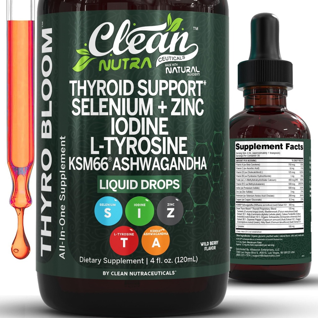 ThyroBloom Thyroid Support for Women Liquid Drops Iodine L-Tyrosine Selenium Copper Ashwagandha Zinc Kelp Bladderwrack Schisandra Guggul Turmeric Vitamin A D3 B12 Folate Supplement by Clean Nutra 4oz