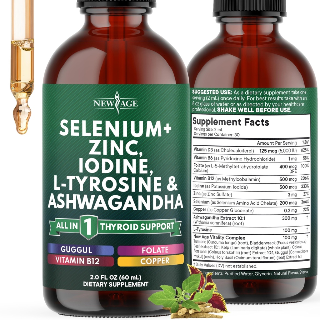 Schilddrüsenunterstützung Tropfen - Selen, Zink, Jod, L Tyrosin, Ashwagandha, Kurkuma, Schisandra Guggu, Cayenne, Basilikum - Flüssigergänzung Folat Kupferalkohol -frei, Vegan, Nicht-GVO - 2 oz