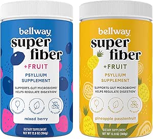 Bellway Super Fibre Poudre + Fruits, Sans Sucre Psyllium Bio Poudre Poudre Fibre Supplément pour Régulière, Bloating Relief & Gut Health, Non-OGM, Mixed Berry & Ananas Passion Fruit