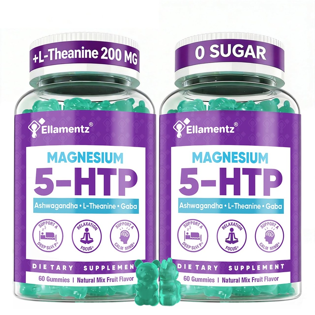 5HTP Gummies + GABA - Melatonin Free -Magnesium Glycinate, Ashwagandha, L-Theanine, L-Tryptophan & Vitamin D3 | Relaxation & Calm Gummies | Nighttime Support for Adults 2 Pack