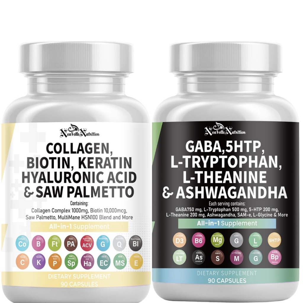 Mood + Glow Bundle – GABA Complex with 5-HTP, L-Tryptophan, L-Theanine, Ashwagandha, SAM-e, Vitamins D3 & B6, Magnesium & L-Tyrosine + Collagen Peptides I, II, III & V with Biotin, Keratin,