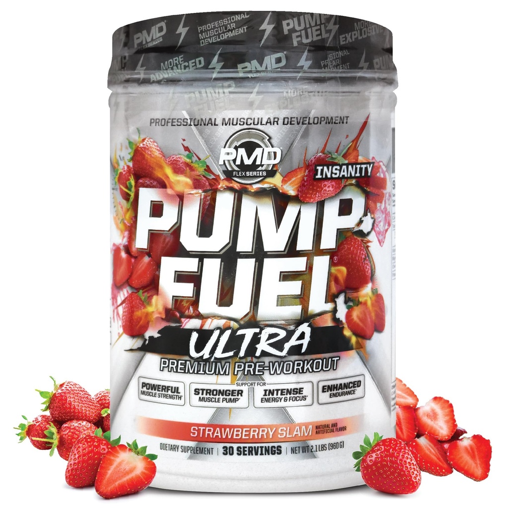 Pompe de sport PMD Carburant Ultra folie - Premium pré-entraînement pompe à poudre et musculaire, plus grande concentration, endurance et récupération, crème premium, arginine et bêta Alanine - Strawberry Slam (30 portions)