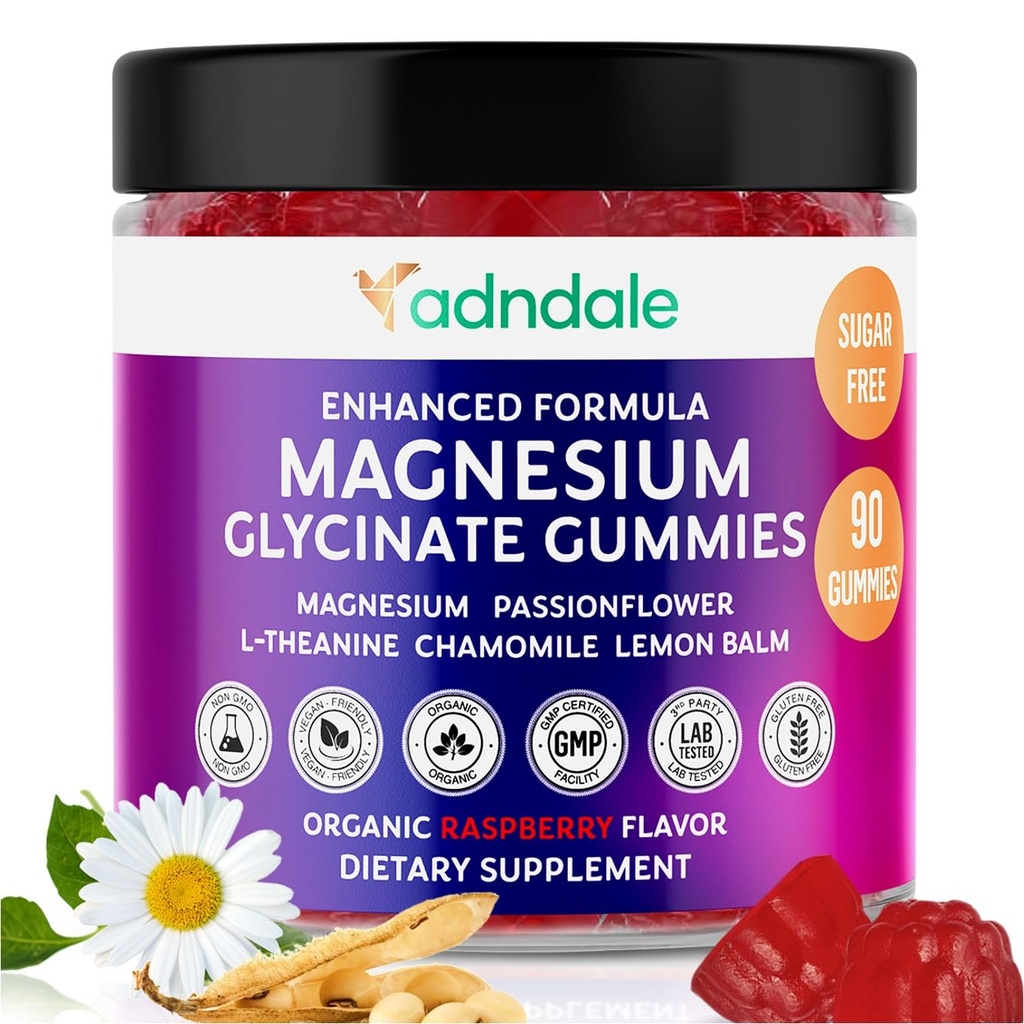 Adndale 90CT Magnesiumglycinat Gummie. Zuckerfreies Kauen für Erwachsene und Kinder. Himbeeraroma
