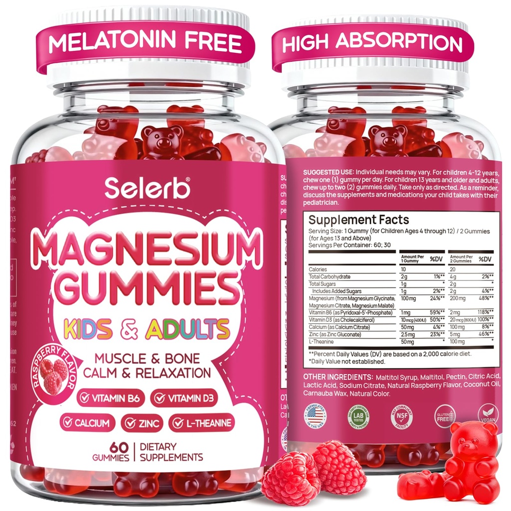 Magnesium Glycinate Gummies for Kids & Adults Melatonin Free Calm Magnesium Gummies with Citrate, Malate, B6, D3, Calcium & L-Theanine for Sleep Relaxation, Bone & Muscle Magnesium for Kids | 60 Count