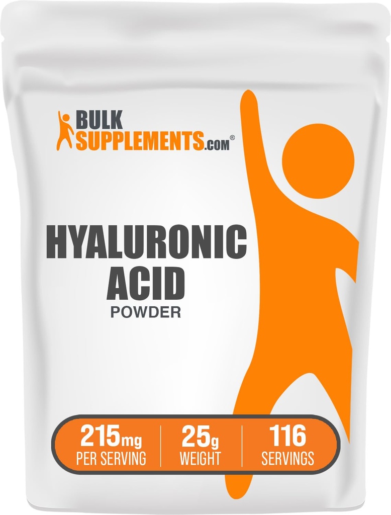 BulkSupplements.com Poudre d'acide hyaluronique - sous forme d'hyaluronate de sodium, suppléments d'acide hyaluronique - grade alimentaire, sans gluten - 215mg par portion, 25g (0,88 oz) (paquet de 1)