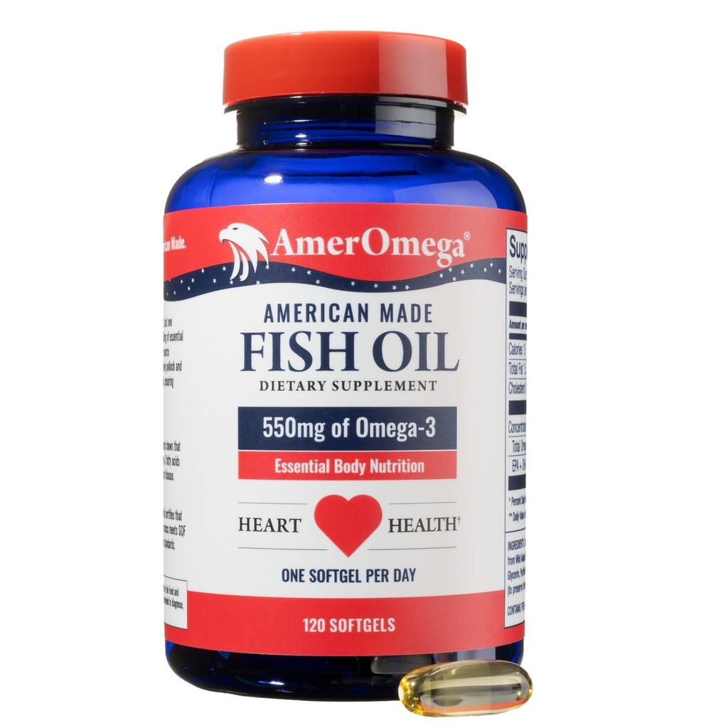 AmerOmega Triglycerid Omega-3 Fish Oil for Heart Health Support - Wild-Caught Alaskan Walleye Pollock - American-Sourced, American-Made - Non-GMO, Gluten-Free & Dairy-Free - 120 Softgels