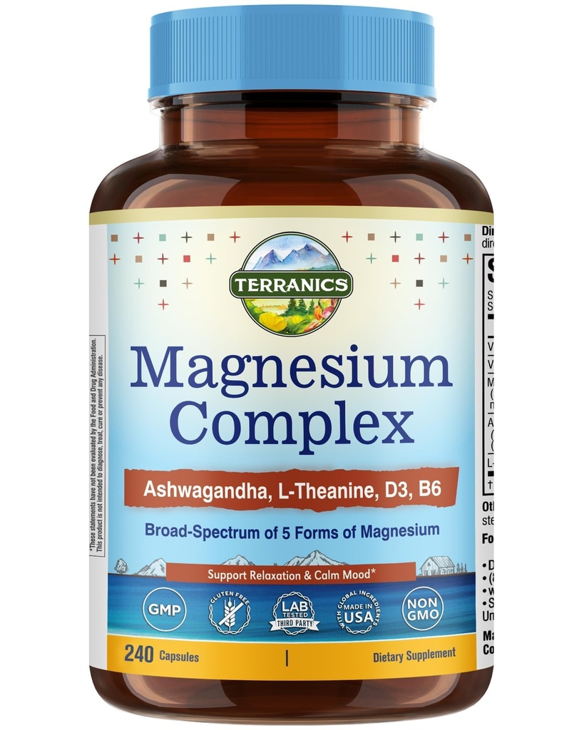 Terranics Magnesium Complex Supplement with Glycinate, Citrate, Taurate & Malate | Supports Nerve & Mood Health | Includes Ashwagandha, L-Theanine, Vitamin D3 & B6 | 240 Capsules | Non-GMO