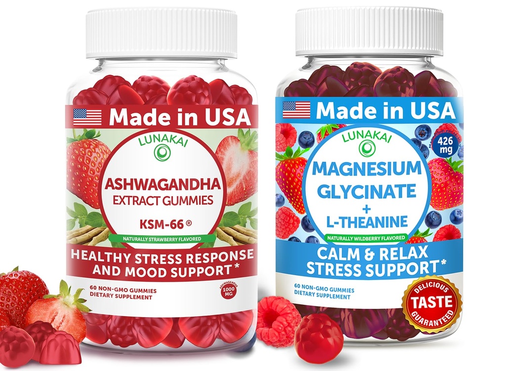 Lunakai USA Made Ashwagandha KSM-66 & Magnesium Glycinate Gummies Bundle – Daily Mood & Stress Support – 60 Non-GMO Gummies Each
