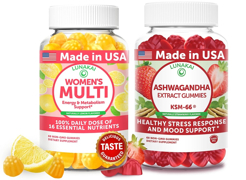 Lunakai USA Made Women’s Multi & Ashwagandha Gummies Bundle – 16 Essential Nutrients & KSM-66 Extract – 60 Ct Each