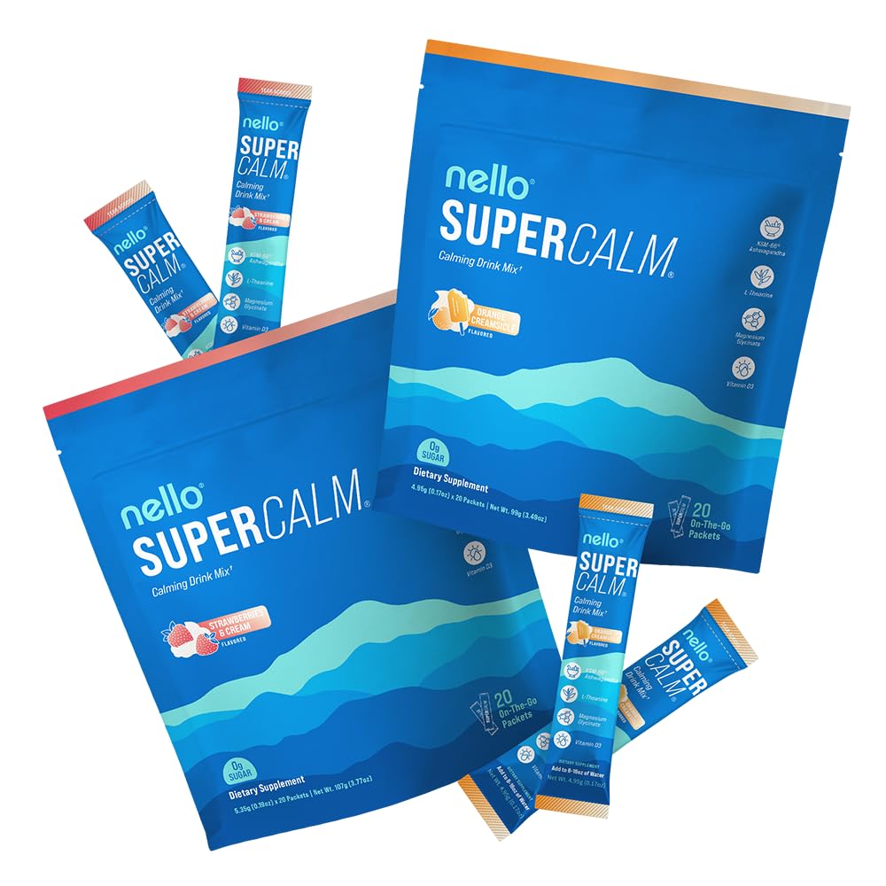 Nello Supercalm Drink Mix - Strawberries & Cream and Orange Creamsicle Ashwagandha KSM 66, Magnesium Glycinate & L-Theanine Supplement - Focus and Relaxation Support (2 x 20 Travel Packets)