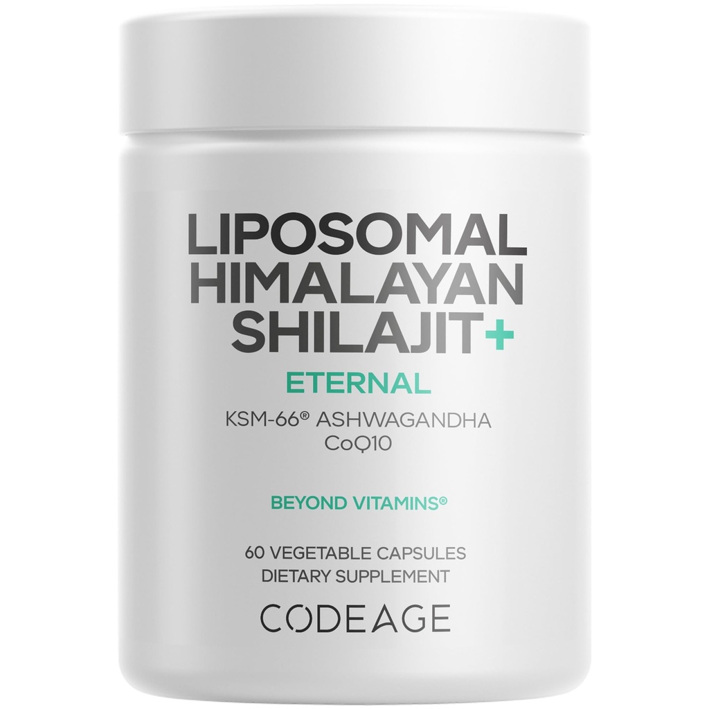 Codeage Liposomal Himalayan Shilajit+ Supplement - 500 mg Shilajit, KSM-66 Ashwagandha, CoQ10, Fulvic Ionic Minerals, Calcium, Magnesium, BioPerine - Liposomal Delivery - Non-GMO - 60 Capsules