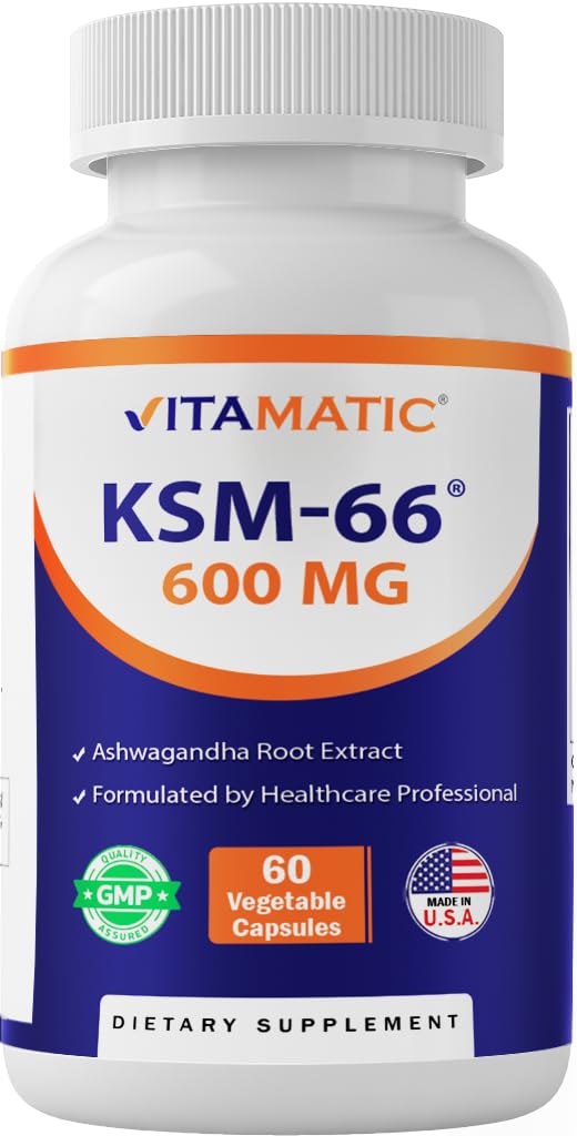Vitamatic KSM-66 Ashwagandha Root Extract + Bioperine - 600mg, 60 Veggie Caps (1200 mg per 2 Capsules)