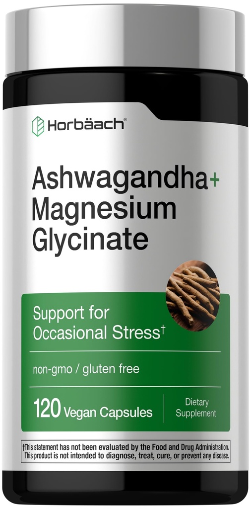 Horbäach Ashwagandha and Magnesium Glycinate | 120 Vegan Capsules | Support Supplement for Stress | Non-GMO, Gluten Free