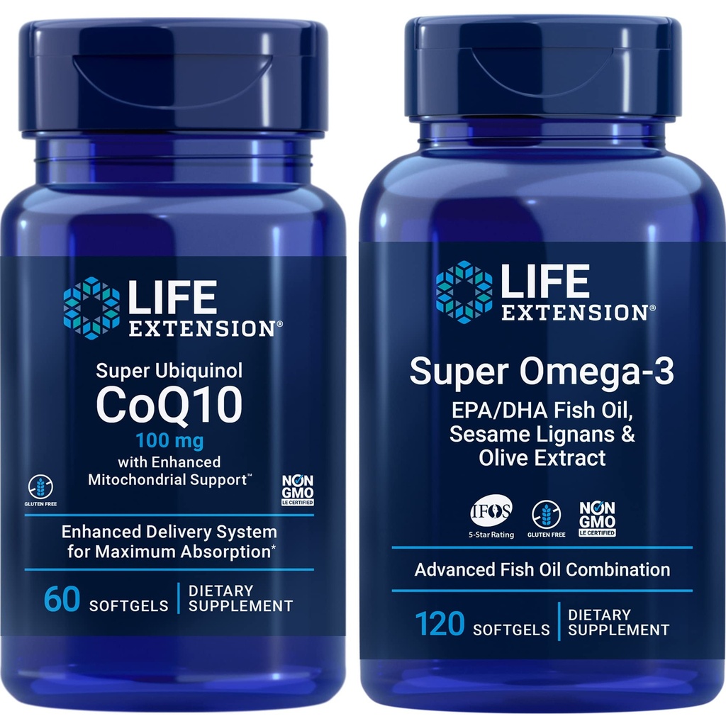 Life Extension Super Ubiquinol Coq10, 100 Mg, 60 Softgels | Super Omega-3 Epa/dha Fish Oil, 120 Softgels | Heart & Brain Health Supplements, Entzündungsmanagement, Anti-Aging Support.