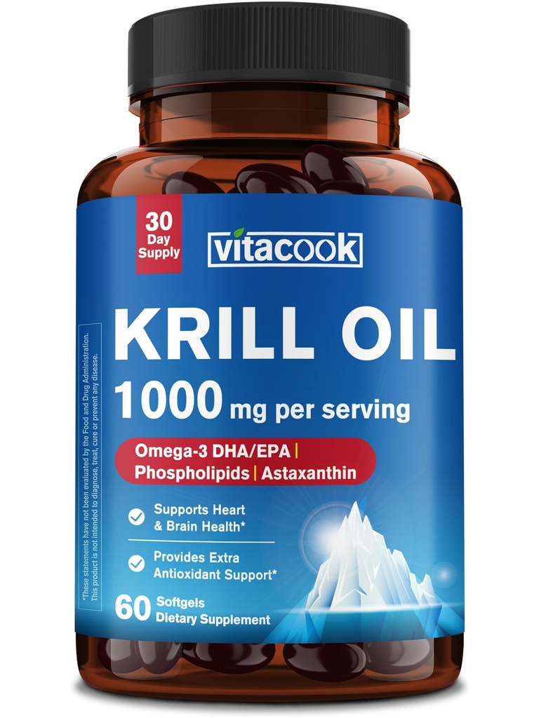 Huile de krill 1000 mg, Acides gras Oméga 3, EPA, DHA, Astaxanthine, Phospholipides, Source durable, Santé du coeur et du cerveau, Soutien antioxydant, Non-OGM, 60 Softgels