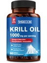 Olio di Krill 1000 mg, Omega 3 acidi grassi, EPA, DHA, Astaxantina, Phospholipids, Sostenibilmente Fonte, Cuore e Salute del cervello, Supporto antiossidante, Non OGM, 60 Softgels