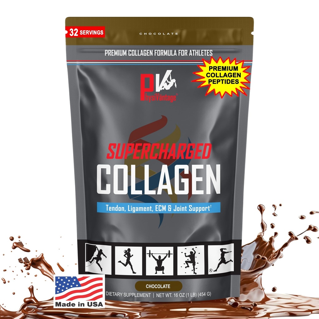 PhysiVantage Supercharged Collagène Peptides Poudre - Collagène hydrolysé pour le soutien de la santé articulaire, Tendon, Ligament et de la peau - Chocolat, Keto, Paléo, 16oz