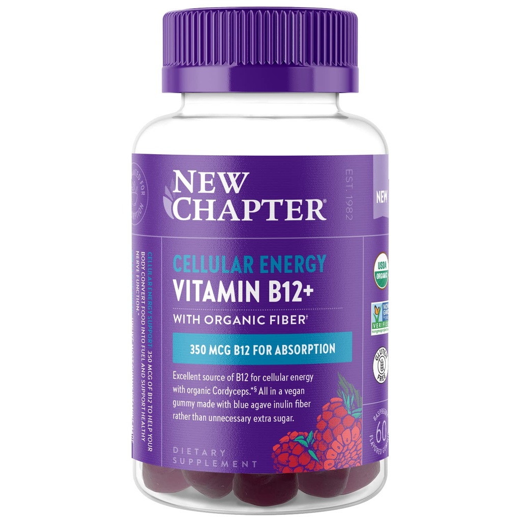 Nouveau chapitre® Vitamine biologique B12+ Gommies – 47% Moins de sucre§, USDA Vegan biologique B12, Deux Gommies quotidiennes pour le soutien énergétique cellulaire avec Cordyceps, Non-OGM, Sans gluten, Aromatisé aux framboises, 60ct
