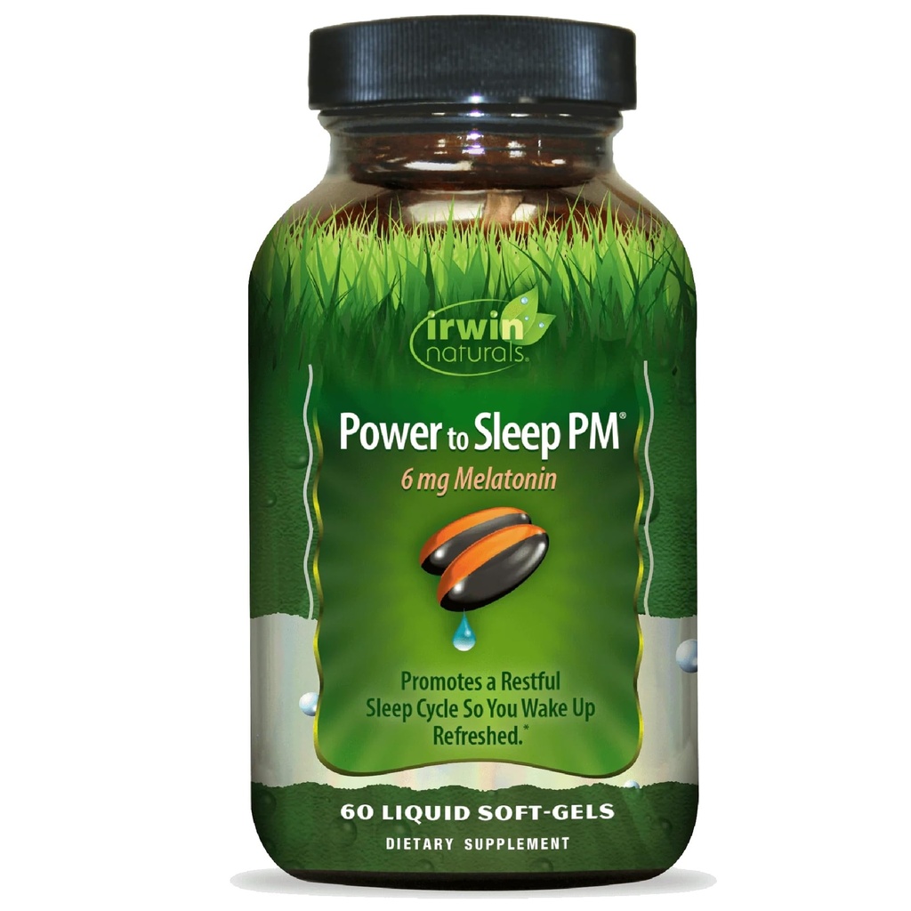 Irwin Naturals Potere Dormire PM - 6mg Melatonin, GABA, Ashwagandha, Valerian Root & L-teanina Integratori per Uomini e Donne - Supporta il ciclo sonno riposante & Relax - 60 Liquid Soft-Gels