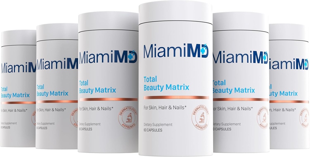 MiamiMD Total Beauty Matrix Collagen Suppléments pour femmes - Capsules de collagène avec vitamine C pour cheveux, peau et ongles - Sans cruauté - (60 Capsules) - 6 Pack