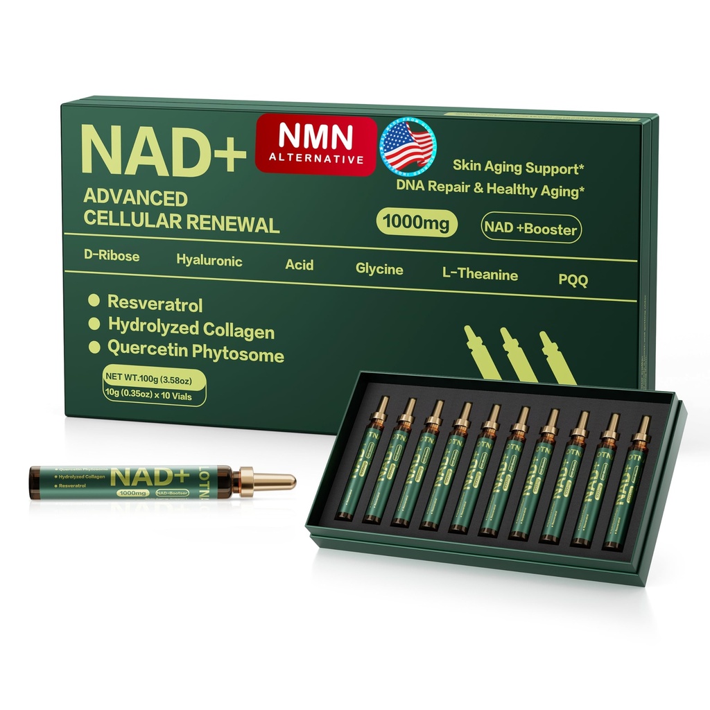 NAD+ Cellular Energy Supplement with Nicotinamide Riboside, Resveratrol, CoQ10, D-Ribose, Berry Flavor, 10 Vials