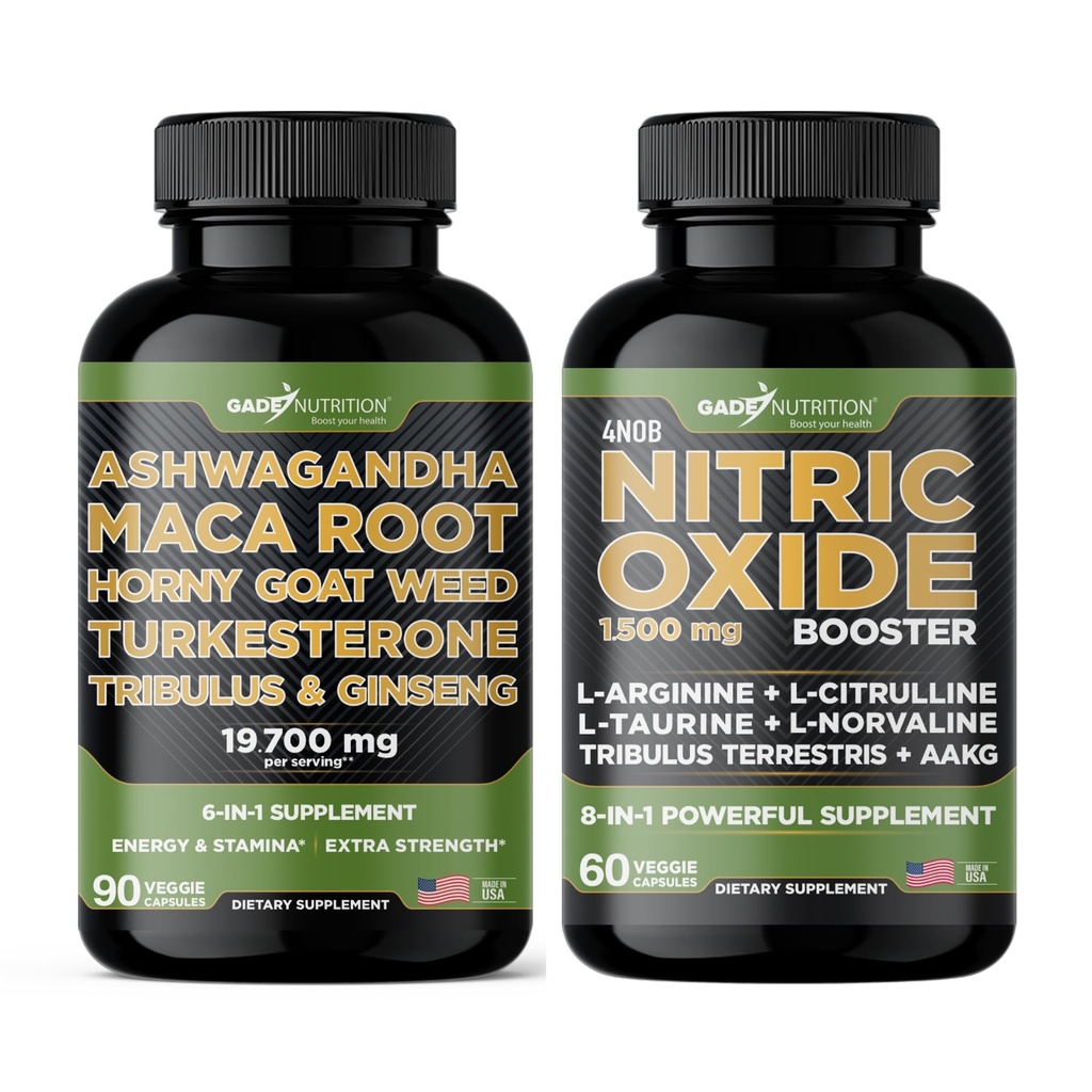 Gade Nutrition Ashwagandha con Maca Root, Horny Goat Weed, Turkesterone, Tribulus Terrestris, Panax Ginseng + Nitric Oxide Booster - Bundle for Energy, Vitality, Performance, Pump
