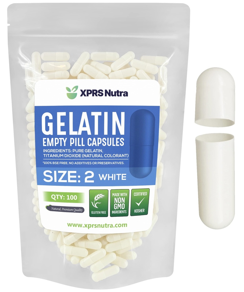 XPRS Nutra Größe 2 Leere Kapseln - 100 Count Leere Gelatine Kapseln - Pillen DIY Kapsel Füllung - Pure Bovine Pille Gel Kapseln für Do-It-Yourself Ergänzungen (Weiß)