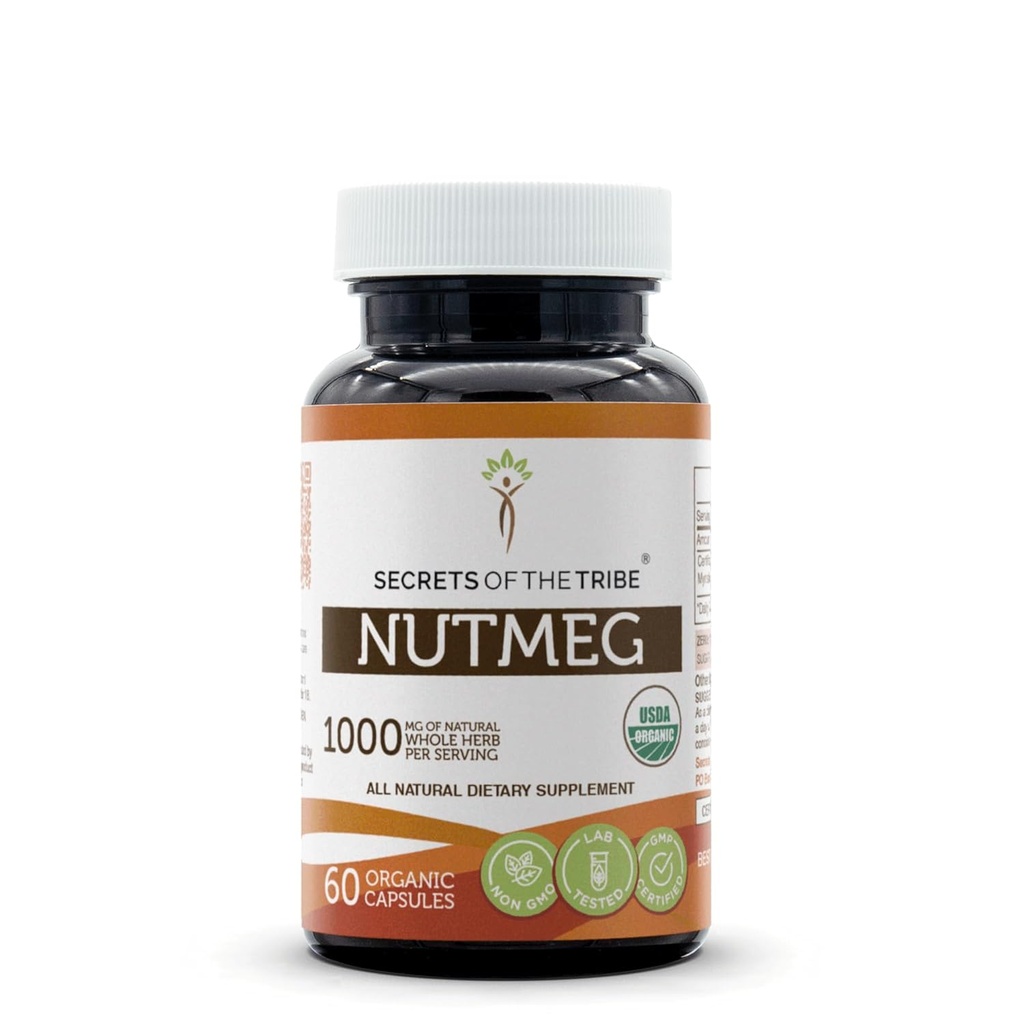 Secrets of the Tribe Nutmeg USDA Organic 60 Capsules | Hergestellt mit vegetarischen Kapseln und Certified Organic Nutmeg (Rou Dou Kou, Myristica Fragrans) Dried Nut (60 Kapseln)