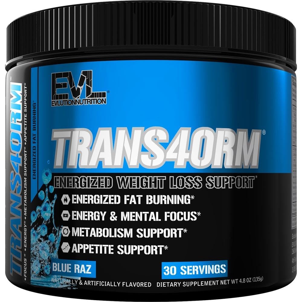 Evlution Thermogenic Fat Burning Support Powder Nutrition Trans4orm Fast Acting Energy Powder zur Unterstützung von schnellen Stoffwechsel Gewichtsverlust und Mental Fokus mit CLA Carnitine und Alpha GPC - Blue Raz