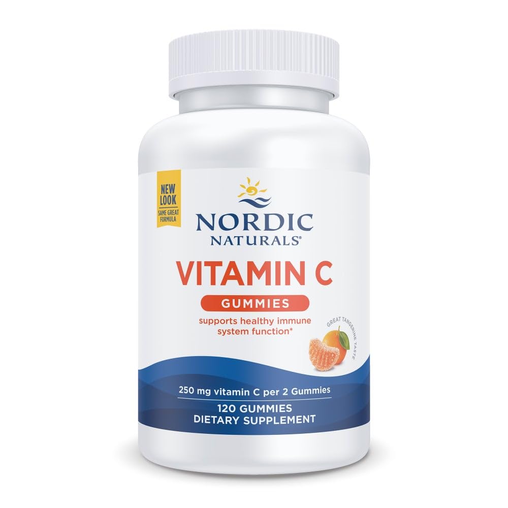 Nordic Naturals Vitamin C Gummies, Tart Tangerine - 120 Gummies - 250 mg Vitamina C - Supporto immunitario, Protezione Antiossidante, Crescita del bambino & Sviluppo - Non OGM, Vegan - 60 Serve
